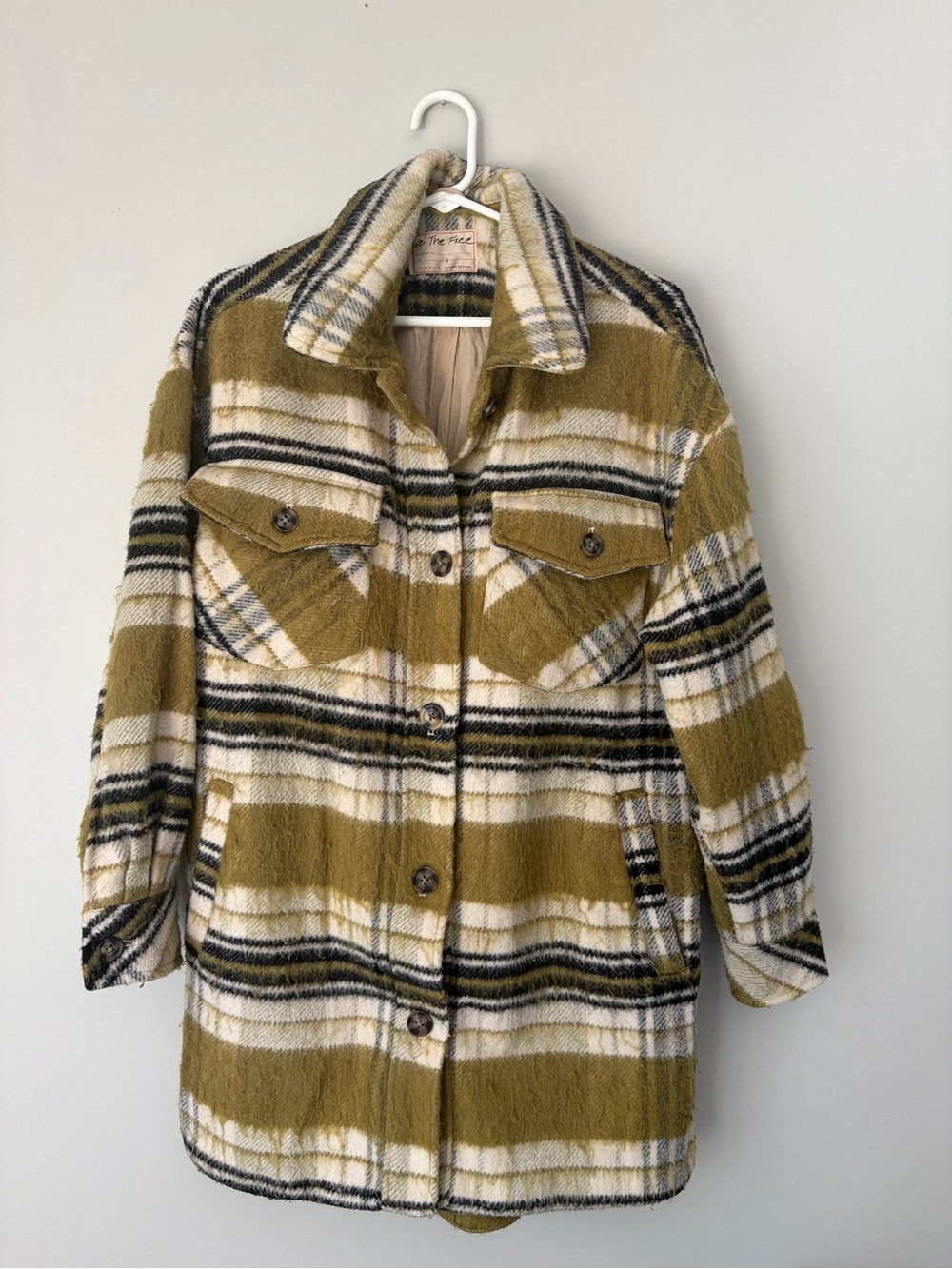We the Free Vienna Shirt Jacket Plaid Shacket in Olive & Ivory - Picture 4 of 6